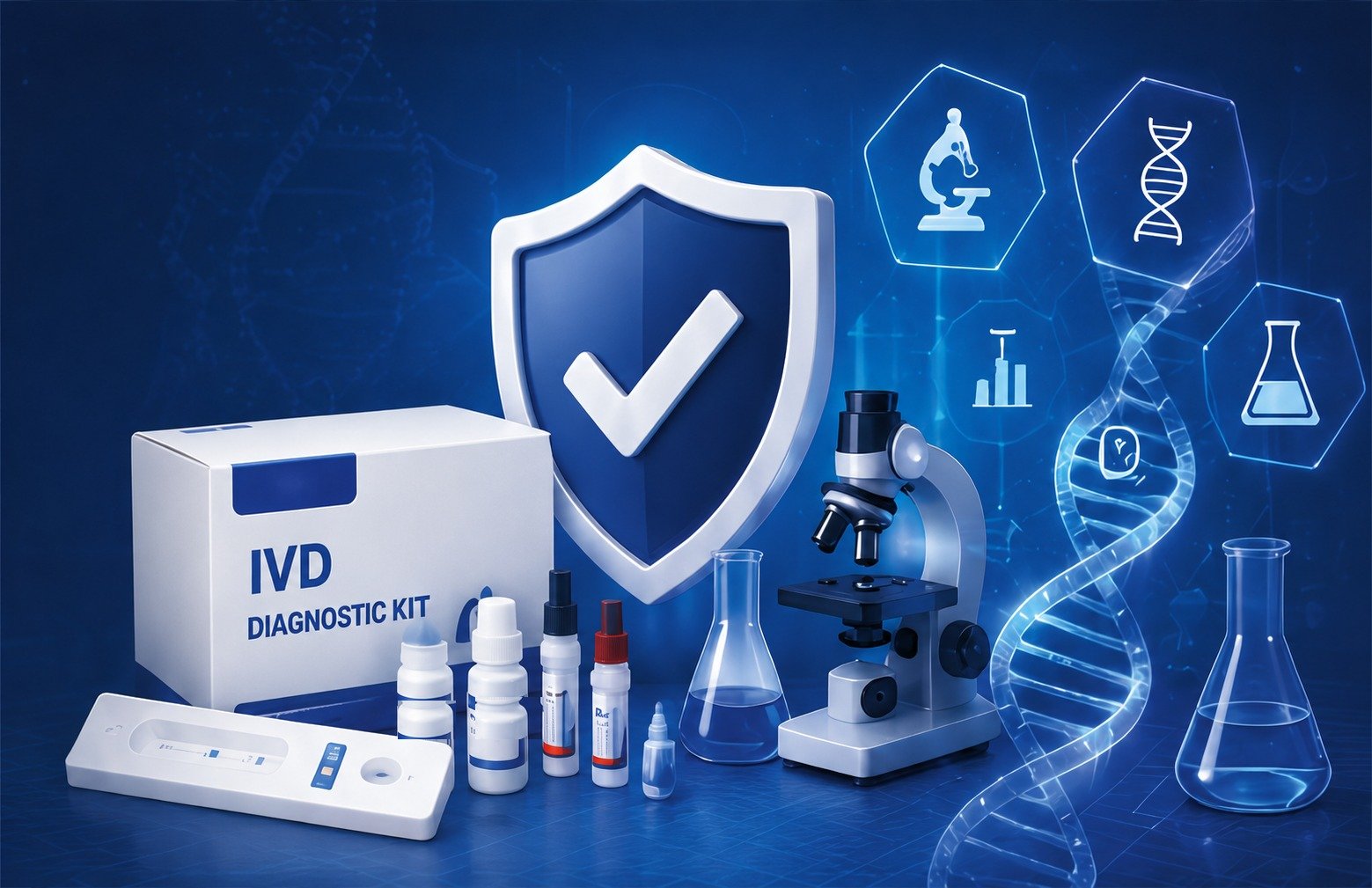 Quality by Design IVD manufacturing scene: assurance shield, diagnostic test kit, microscope, DNA helix and lab flasks